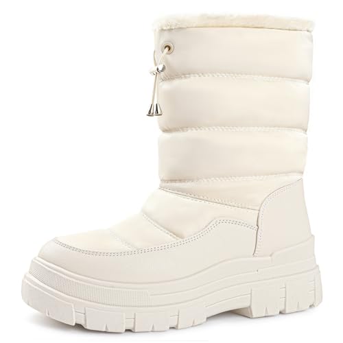 Viapipa White Snow Boots for Women Waterproof Platform Winter Boots with Side Zipper & Adjustment Buckle Design, Anti-Slip Warm, Comfortable Outdoor Booties, White,8