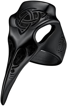Stainless Steel Viking Raven Crow Skull Ring for Men Women Gothic Norse Protection Jewelry(with Gift Box)