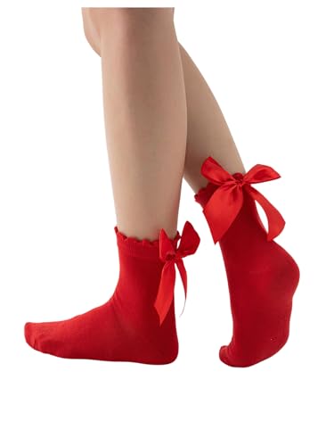 SHENHE Womens Bow Ruffle Socks Cute Frilly Lace Ankle Bobby Summer Socks with Ribbons Red One Size
