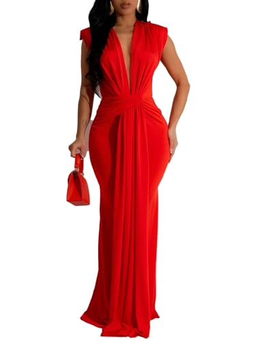 Image of Ekaliy Elegant Bodycon Dresses for Women Deep V Neck Maxi Dress Mermaid Long Dress