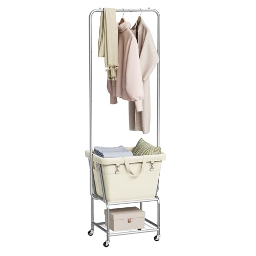 ELYKEN Laundry Cart with Hanging Rack, Rolling Laundry Hamper with Wheels, Laundry Basket with Removable Liner Bag and Shelf, Sturdy Metal Frame Dirty Clothes Basket for Hotel, Home, Closet, Dorm