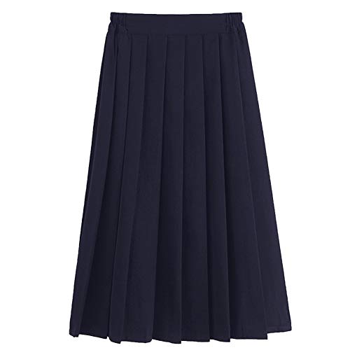 Only Faith Women/Girls JK Uniform Skirt Elastic Waist Classic Pleated Skirt (Navy Blue-Long, XL)
