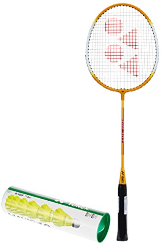 Image of Yonex Mavis 10 Nylon Shuttlecock, Yellow, Pack of 6 | Made in Japan (Green Cap)&Yonex GR 303 Aluminum Blend Badminton Racquet with Full Cover (Yellow)