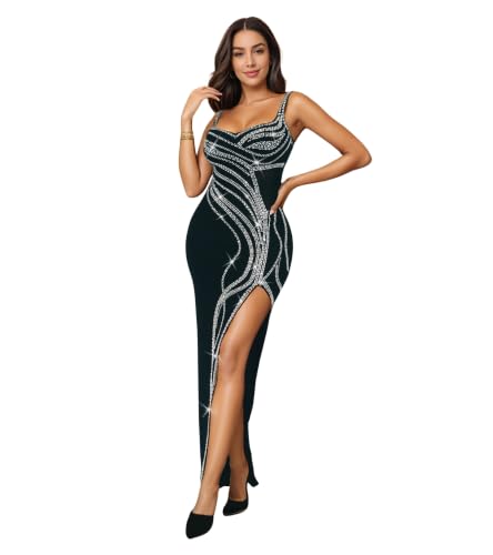Image of PORRCEY Women's Sexy Rhinestone Lace Sheer Mesh Formal Evening Dress