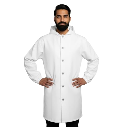 Stile professionale: Camice da lavoro uomo con cappuccio a scomparsa, ideale per macellerie e trasporti di carni.