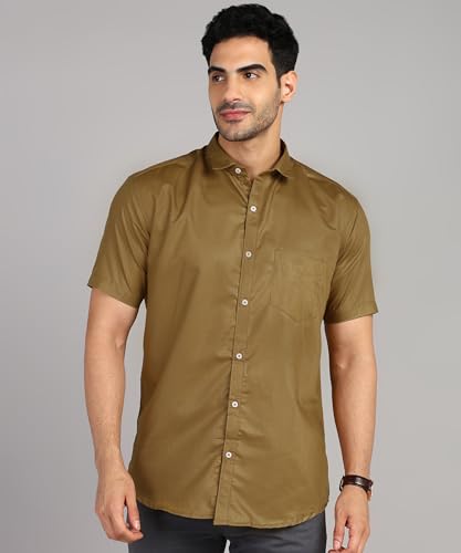 Image of MILDIN Men's Cotton Blend Solid Shirt with Spread Collared Half Sleeve Curved Hemline Button Closure Regular Fit and One Pocket | Half Sleeve Shirt for Men