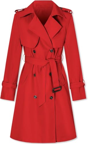 Suncadmious Trench-Coat Long à Double Boutonnage pour Femme avec Ceinture (Rouge,XL)