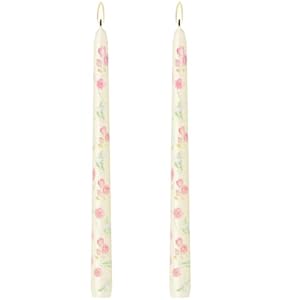 0.87×10 Inch Printed Floral Ivory Taper Candles, 2 Pack Unscented and Smokeless Tall Candlesticks, 6 Hours Burning for Home Décor Weddings Dinner Party