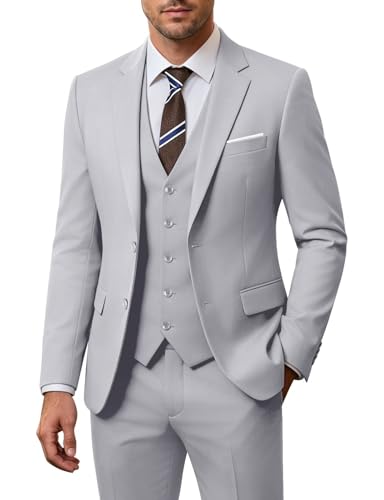 Image of Men's 3 Piece Slim Fit Suit Set, Two Button Blazer Solid Jacket Vest Pants Wedding Business Suit