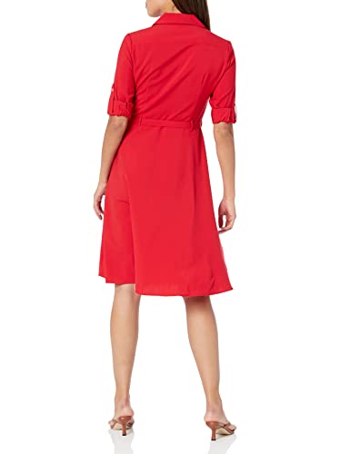 Image of Sharagano Women's Pleated Shirt Dress - 3 /4 Sleeve, V-Neck, Gold Buttons