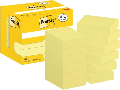 Post-it Notes Autocollantes, Pack Promo, Pack de 8 + 4 Blocs GRATUITS, 100 Feuilles par Bloc, 38 mm x 51 mm, Jaune Pastel - Feuillets Adhésifs pour Prise de Notes, Listes de Tâches et Rappels