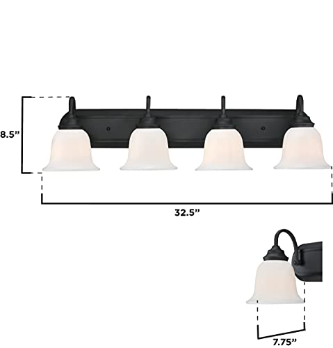 Image of Westinghouse 6117100 Harwell Traditional Four-Light Indoor Vanity Light Fixture, Matte Black Finish, White Opal Glass
