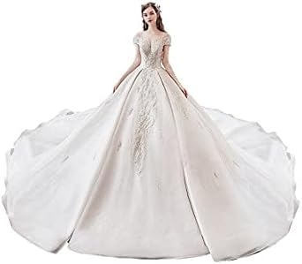 Acecare GREOENEL Amor Short Sleeve Lace Up Back Shiny Beaded Crystal Gorgeous Ball Gown Wedding Dresses with Chapel Train