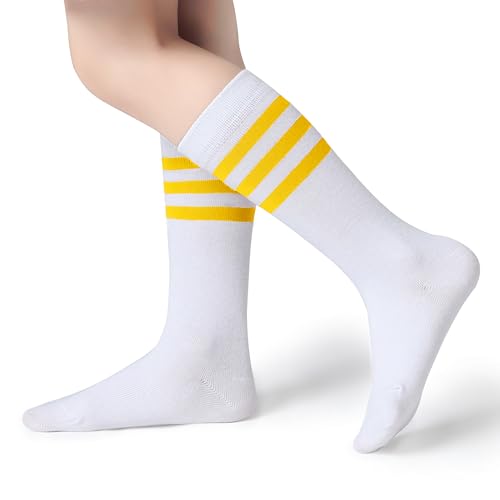 Pareberry Boys Girls Over the Calf Striped Tube Socks Cotton Soft Retro Athletic Soccer Socks for Kids Age 3-12 Medium C05-yellow/White