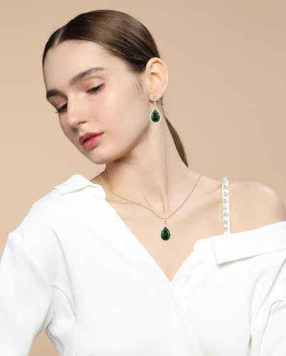 Reasayll Women Jewelry Set Silver/Gold Plated 925 Sterling Silver Post Teardrop Dangle Earrings Necklace Set Crystal Rhinestone Wedding Prom Costume Jewelry For Women Yellow Gold Plated Emerald Green thumb #1