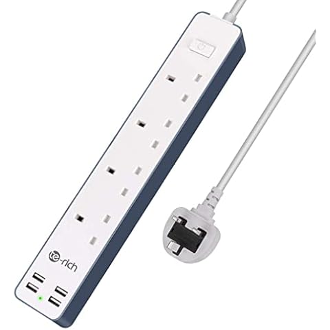 4 Way Extension Lead, Te-Rich Multi Plug Power Strip with 4 USB Slots(3.4A), Mains Switched Socket Extender for Desk Home Office Travel, Wall Mounted, 1.6 Metre Extension Cord, No Surge, 3120W/13Amp Cover