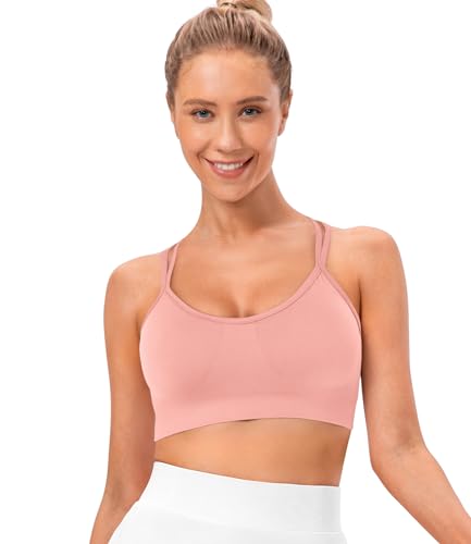 Image of VEQKING Strappy Cross Back Women Sports Bra Pack for Medium Support Workout | Removable Padded Cups, Spaghetti Strap, Comfort Seamless Wirefree, Soft Breathable Fabric, for Gym /Yoga /Pilates /Walking /Daily