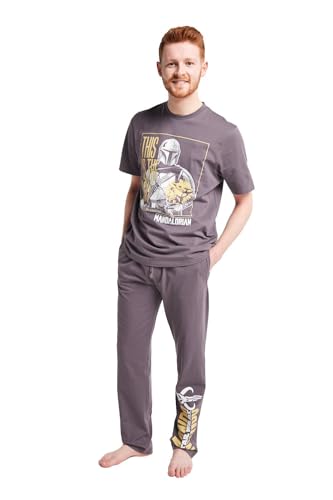 Star Wars The Mandalorian Mens Pyjamas Set - 2 Piece 100 Percent Cotton Jersey Crew Neck T Shirt and Long Leg Pyjama Trousers - Grey Elasticated Waist Relaxed Fit