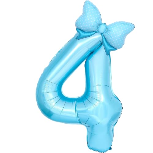 Light Blue 4 Balloon Number Blue Bows Birthday Decorations Girls, Bow Balloon Foil Mylar Large 40” 4 Birthday Balloons for Girls Bow Coquette 4th Birthday Party Decorations Supplies