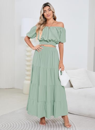 HUUSA 2025 Summer 2 Piece Boho Outfits for Women Short Sleeve Off Shoulder Crop Top and High Waist Flowy Long Skirt Set3