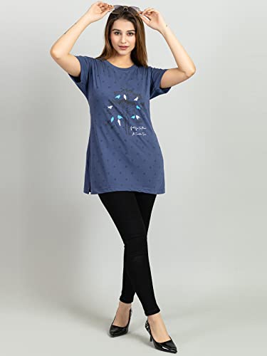Image of Magknit Fancy Printed Both Side Cut Cotton Blend Half Sleeves and Lightwiegt Trendy Summer Long T Shirt for Women