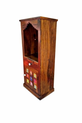 Image of Solid Sheesham Wood Temple for Home & Office /Mandir /God Stand /Pooja Stand /Home Mandap /Mandapam with Cabinet 1 Doors & Multiple Storage /Shelf with Drawers (Honey TmT1, 23x15x57 inch)
