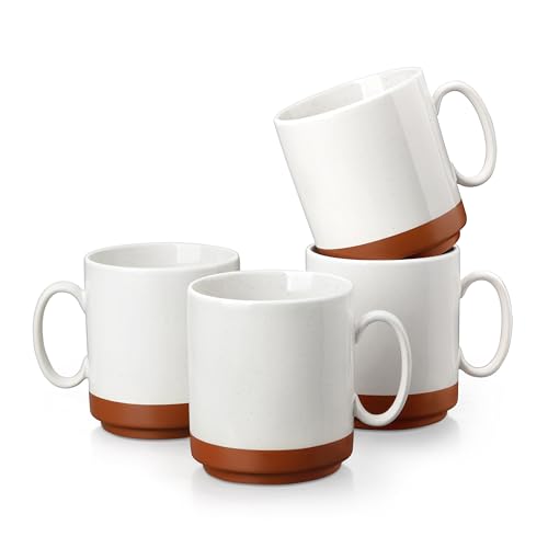 MALACASA Juego de 4 Tazas de Cafe Grandes de Gres, 350ml Tazas Desayuno Grande, Tazas de Te con Asa para café con leche Apto para Té, Zumos, Café con Leche y Capuchino - Blanco Caqui