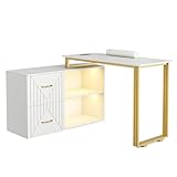 Paddie Manicure Table for Nail Tech with Wrist Cushion, Corner Nail Desk with 2 Drawers and 2 Shelves, Beauty Salon Nail Supplies Decor Station with 16 Colors LED Lights （White）