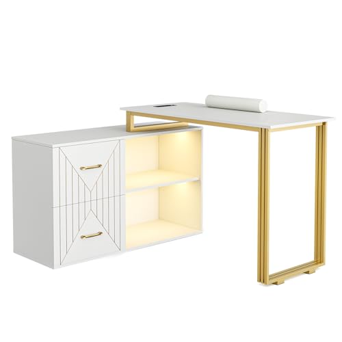 Paddie Manicure Table for Nail Tech with Wrist Cushion, Corner Nail Desk with 2 Drawers and 2 Shelves, Beauty Salon Nail Supplies Decor Station with 16 Colors LED Lights （White）