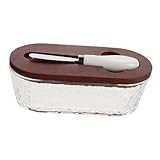 FUNOMOCYA Recipiente Hermético para Mantequilla con Cuchillo Integrado Tapa de Madera y Diseño Transparente Bandeja para Queso y Mantequilla para Nevera y Encimera Ahorro de Espacio y