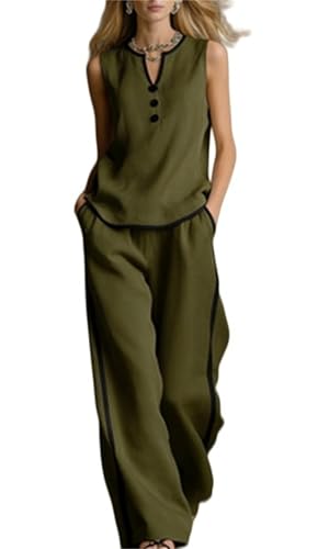 Ensemble 2 pièces décontracté pour femme avec pantalon large et col V