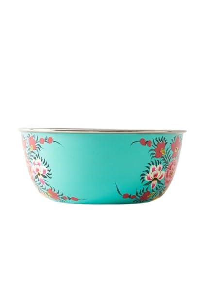 Traditional Hand Painted Stainless Steel Floral Decorative Big Bowl/Mixing Big Bowl/Big Size Bowls (Sky Blue-Color, Standard)-image-0