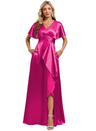 Image of Elegant Satin Bridesmaid Dress with Sleeves Ruffles High Silt Formal Dresses Long for Women Fall DIN022