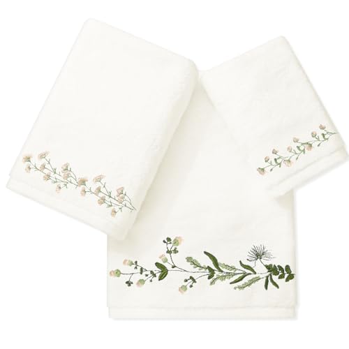 JarThenaAMCS Floral Greenery Bathroom Towels Set of 3 Embroidered Cotton Bath Towel Flower Leaves Hand Towel Wash Cloth for Spring Hand Drying Shower Supplies