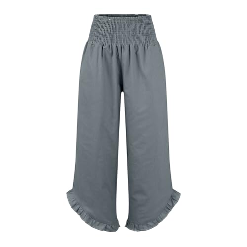 Wide Leg Linen Pants for Women Smocked Elastic Waist Ruffle Hem Palazzo Pants Summer Casual Loose Beach Pants2