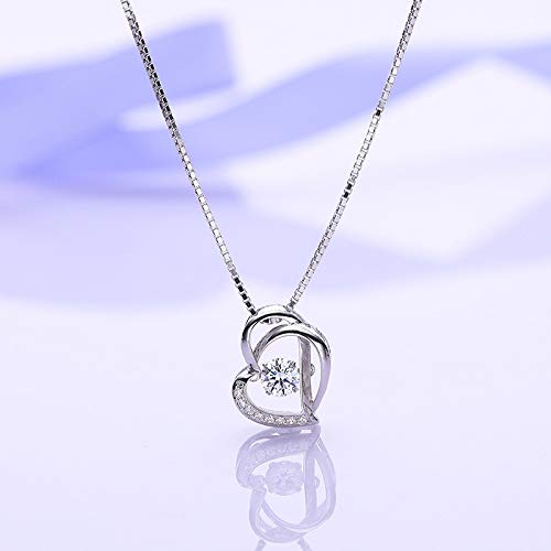 XAYN S925 Sterling Silver Jewelry Fashion Double Mind Moving Diamond Pendant Necklace Jewelry Beating Heart Pendant Necklace Clavicle Chain Accessories