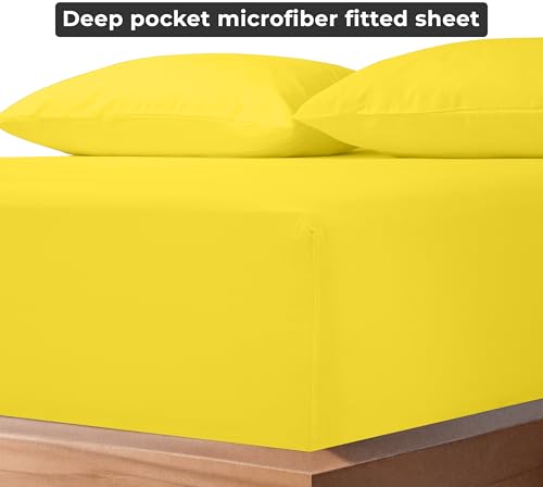 Image of Royale Linens Fitted Sheet Queen - Ultra Soft 1800 Brushed Microfiber - Hotel Luxury Bottom Sheets - Wrinkle Free & Fade Resistant - Deep Pocket Fitted Sheet Only (Queen, Yellow)