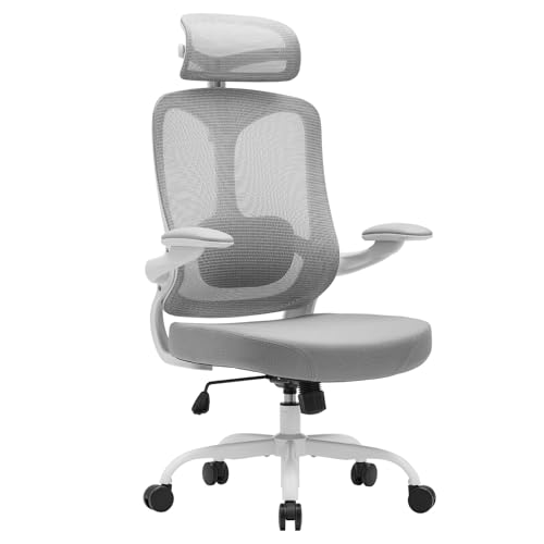 Magic Life Silla de Oficina Ergonómica, Silla de Escritorio con Reposacabezas Ajustable para Oficina en Casa, Silla Giratoria de Malla Ajustable (Blanco)