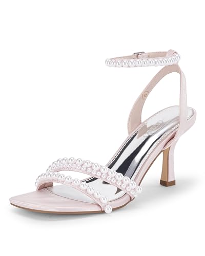 Coutgo Womens Pearl Kitten Heels Sandals Square Open Toe Dress Sandals Ankle Strap Satin Wedding Party Summer Sandals