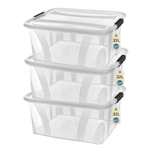 Aufbewahrungsboxen mit Deckel, 7L 14L 21L 32L 55L 80L Plastik Boxen Klickverschluss Stapelboxen 1er/3er Sets Lebensmittelecht Transparent Haushalt & HLKauf-Block (3er-Set 32-Liter & 1x HLKauf-Block)