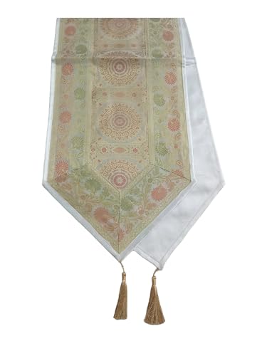 Colovila Dining Table Placemats Set of 13 Pieces, Ethnic Brocade Silk with Golden Woven Work- (1 Table Runner, 6 Mats, 6 Coasters) (White)