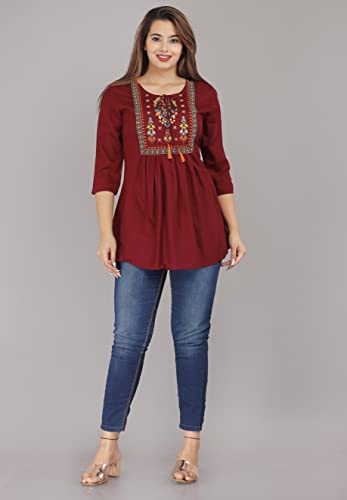 Image of Avayayat Women's Rayon Classic Heavy Embroidery Top with Beautifull Tassels at Front and on Both Sleeves Regular Fit Office Wear Festival Tunic Jeans Summer