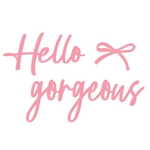 Oubasa Hello Gorgeous with Bow Signs, Small Pink Metal Lettters Wall Art Decor Minimalist Decoration, Metal Hello Gorgeous Sign for Bathroom Office Bedroom Bathroom Home Decor