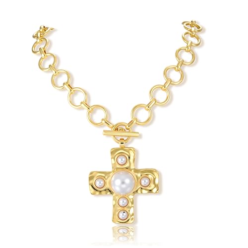 FAXHION Chunky Cross Necklace for Women, Gold Toggle Chain Statement Necklace with Hammered Cross Pendant, Vintage Chunky Necklace Jewelry Gift for Women