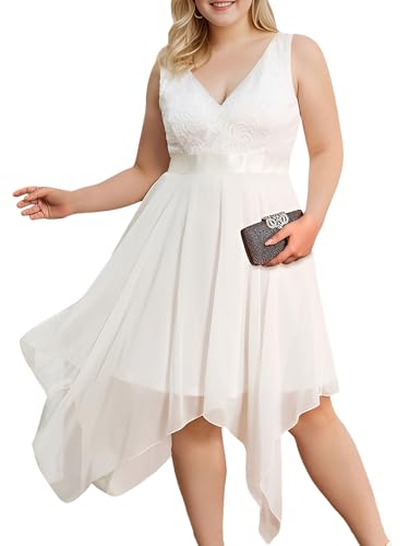 Image of Ever-Pretty Plus Women's V Neck Sleeveless Asymmetric Hem Lace Chiffon Short Summer Plus Size Wedding Guest Dresses Cream US18