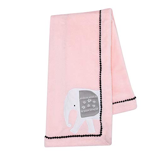 Image of Lambs & Ivy Happy Jungle Pink Elephant Fleece Baby Blanket w/Pom Pom Trim