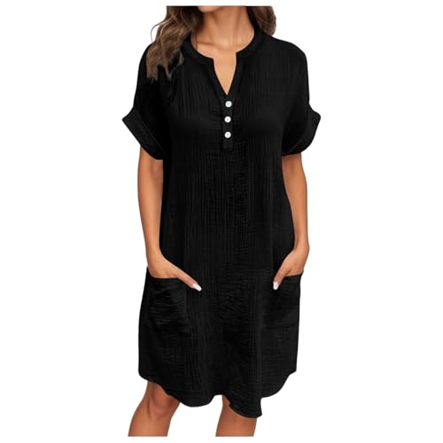 Generisch Strandkleid,Musselin Kleid Damen Sommerkleid Damen Button Down Leinenkleid Strandkleid Casual V-Ausschnitt Minikleid Kurzarm Freizeitkleid...