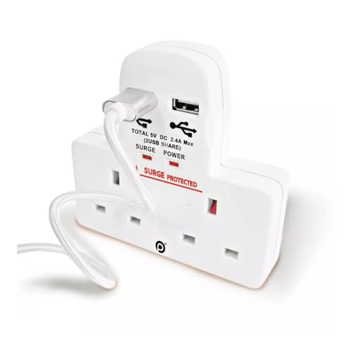 HUBIBUBI 2 Way Gang Adapter with 2 Way Cable Free USB Socket Adaptor White 3Pin Uk Main Wall Socket Charge Port Converter Multi Plug Surge Protection (2 Way Socket & 2 USB Socket, White)
