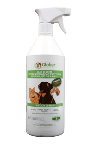 GLOBER Olio di Neem per Cani e Gatti - Spray 750ml - Made in Italy 100% Vegetale - Antiparassitario naturale per Animali Domestici - Insetticida e Repellete Contro Pulci, Zecche, Parassiti e Insetti