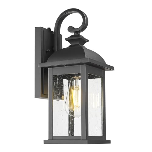 Image of FEMILA Dusk to Dawn Outdoor Wall Sconce, 15 inch Matte Black Seeded Glass Outdoor Sconce Lights, Front Porch Light Fixtures Wall Mount, Garage Lights for Patio, Entryway, Garden, 4FD54B-PC BK
